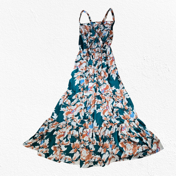 Lulus Green Teal Floral Heat Wave Babe Tie-Back Tiered Maxi Dress Size Medium - Picture 8 of 8
